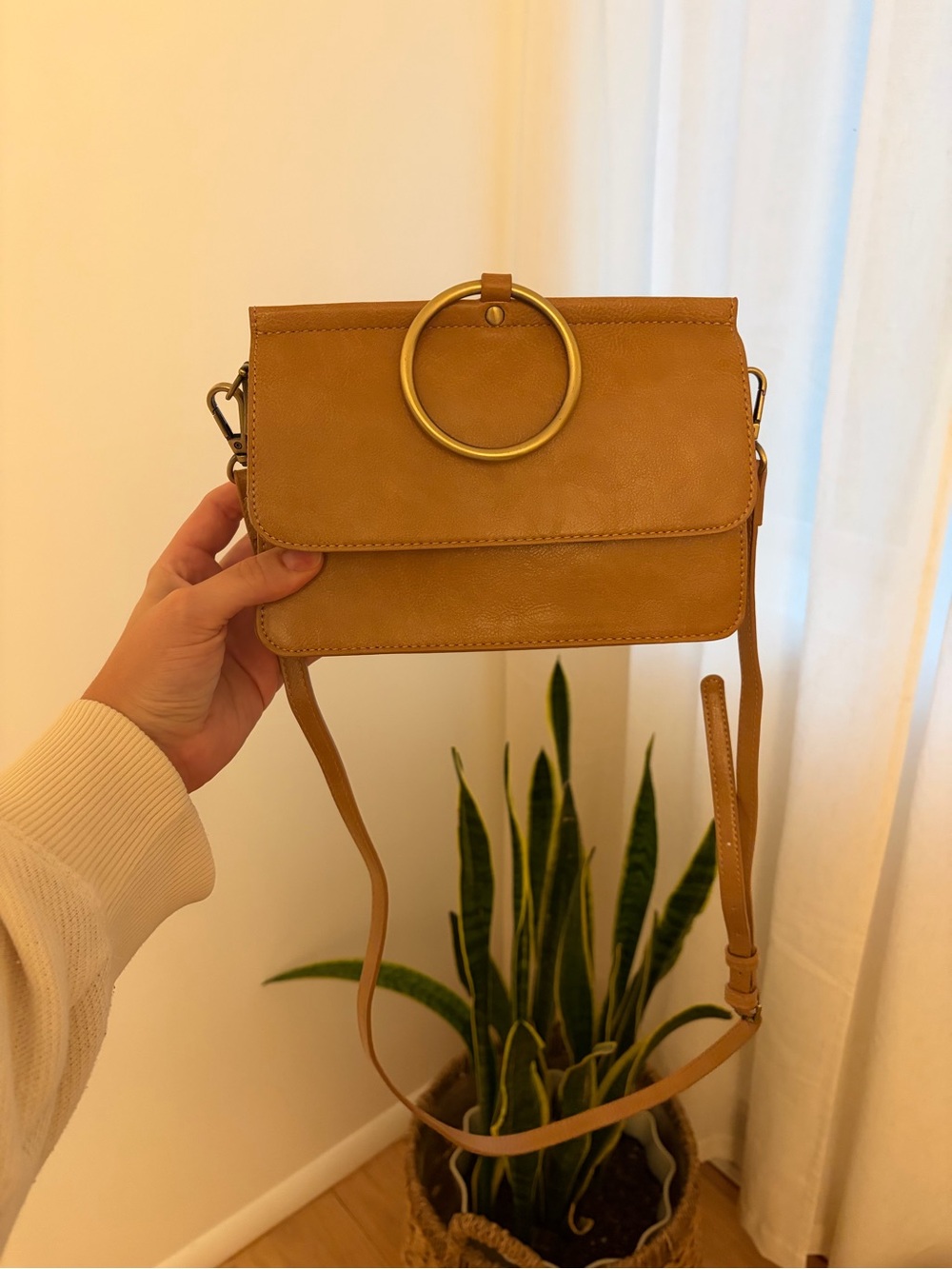 Mustard Tan Crossbody Bag with Gold Ring Accent